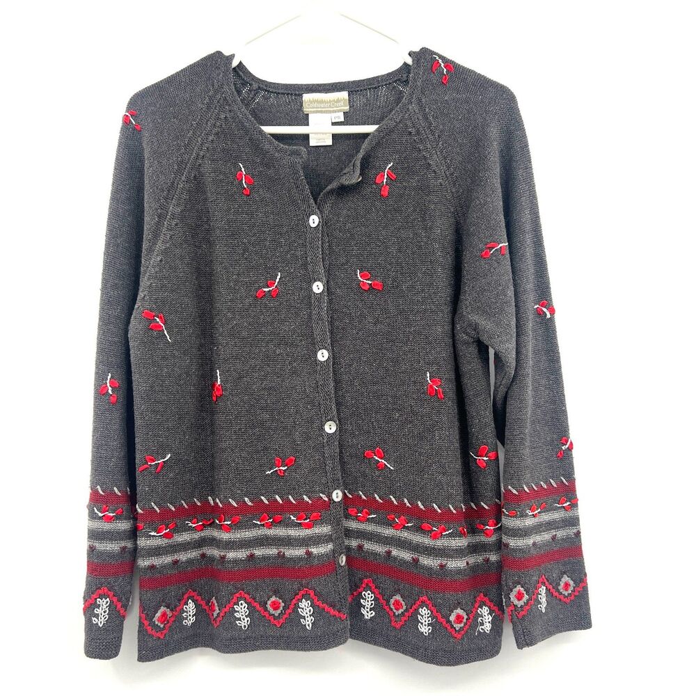 Coldwater Creek Gray Red Embroidered Floral Fair Isle Cardigan Sweater PS